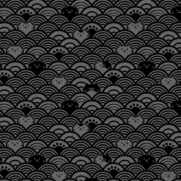 Oriental fish scales with cats and dog paw prints in dark gray/blue - apparel or bag fabric - dobby